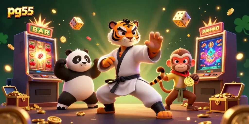 Experience thrilling casino action with pg55 as kung fu tiger, panda disciple, and monkey enjoy a jackpot scene.