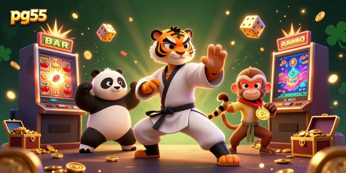 Experience thrilling casino action with pg55 as kung fu tiger, panda disciple, and monkey enjoy a jackpot scene.