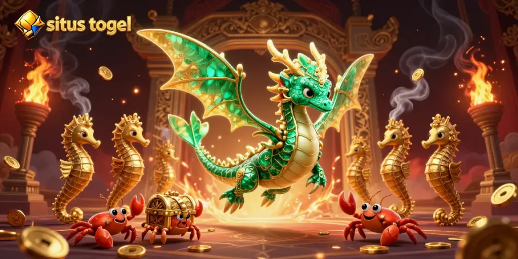 Engaging scene of situs togel gaming with a majestic sea dragon, royal seahorse, and treasure for bettors.