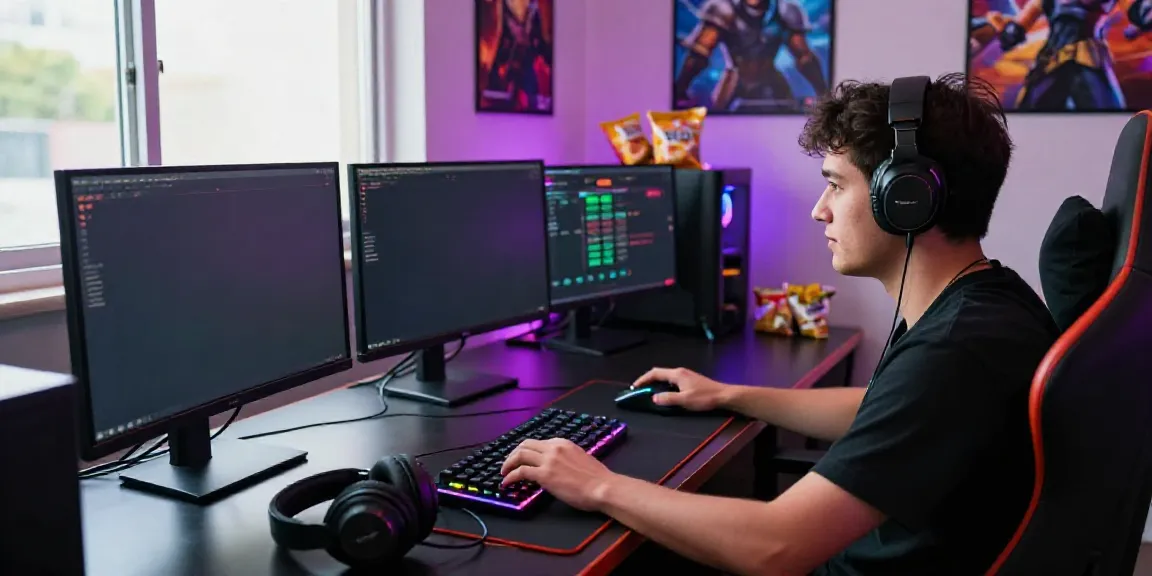 Player engaging in Togel online at a vibrant gaming setup with multiple monitors.