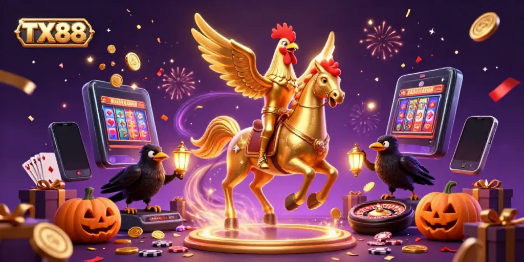 Experience the excitement of TX88 with a golden rooster headless horseman in a lively casino scene.