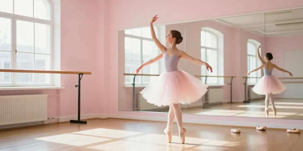 A young dancer in a pastel tutu practicing at a ballet studio, embodying the spirit of a tutu store.