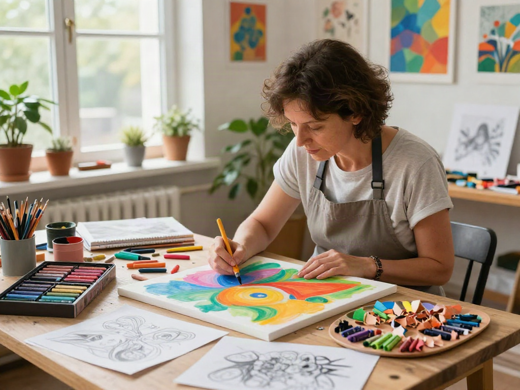 Art studio with a crayon manufacturer showcasing diverse crayon types while an artist blends colors on canvas.