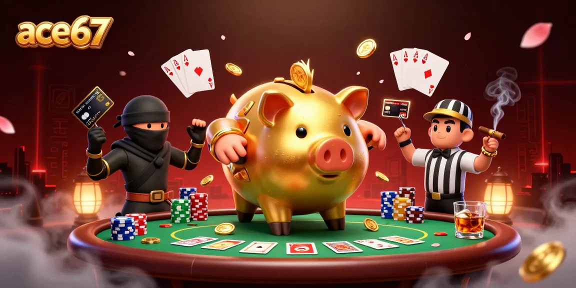 Experience ace67 with a golden piggy bank sumo wrestler surrounded by poker chips in a vibrant casino setting.