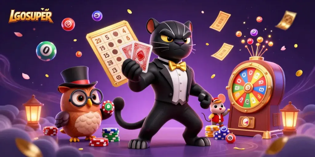 Experience thrilling gameplay with LGOSUPER's vibrant scene of cartoon characters engaging in a lively casino atmosphere.