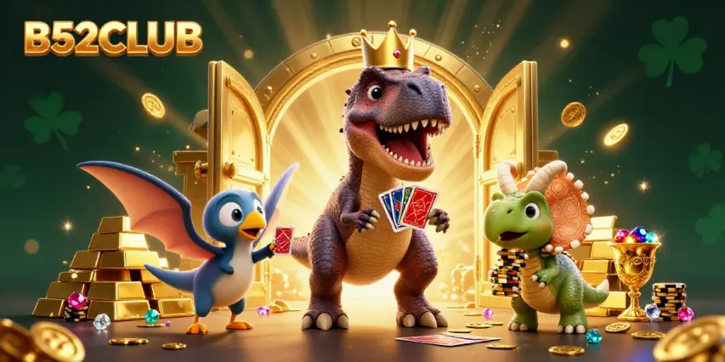 B52CLUB casino illustration with a T-Rex card shuffling, pterodactyl assistant, and triceratops stacking chips.