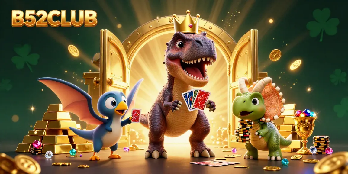 B52CLUB casino illustration with a T-Rex card shuffling, pterodactyl assistant, and triceratops stacking chips.