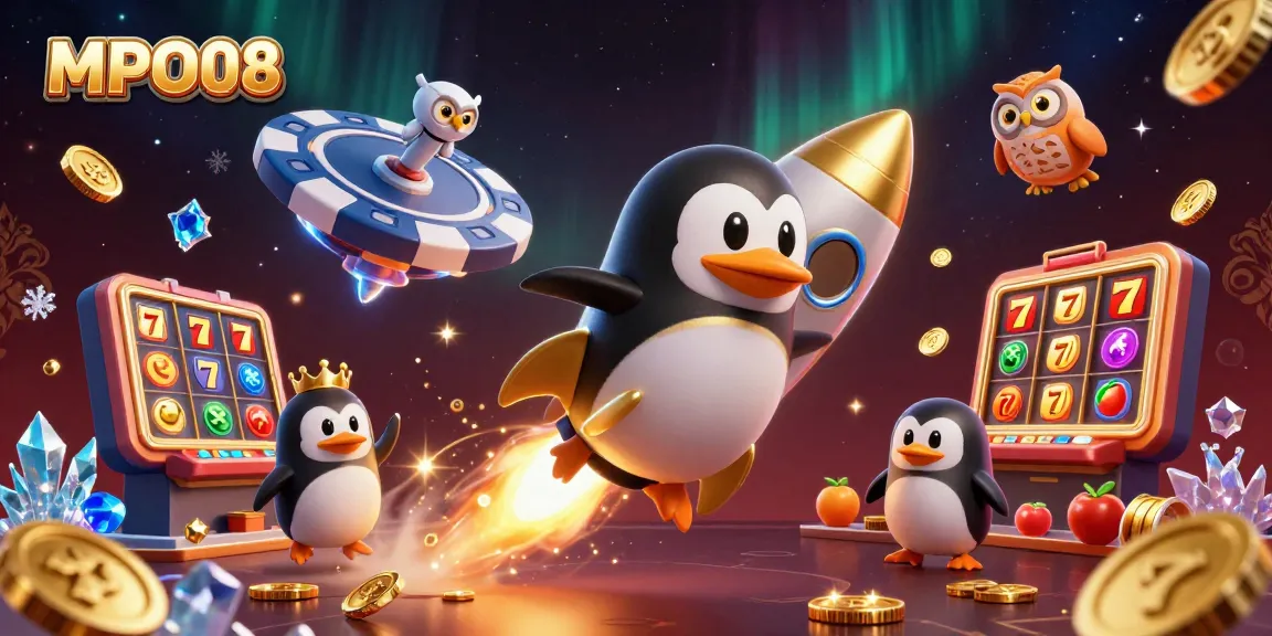 Play slots and win big with MPO08 in this vibrant casino-themed illustration featuring a penguin and treasures.