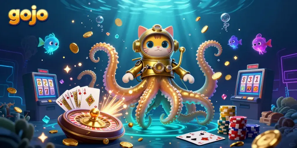 Gojo-inspired scene with a colossal kraken and a diving cat amidst casino elements like golden coins and slot machine reels.