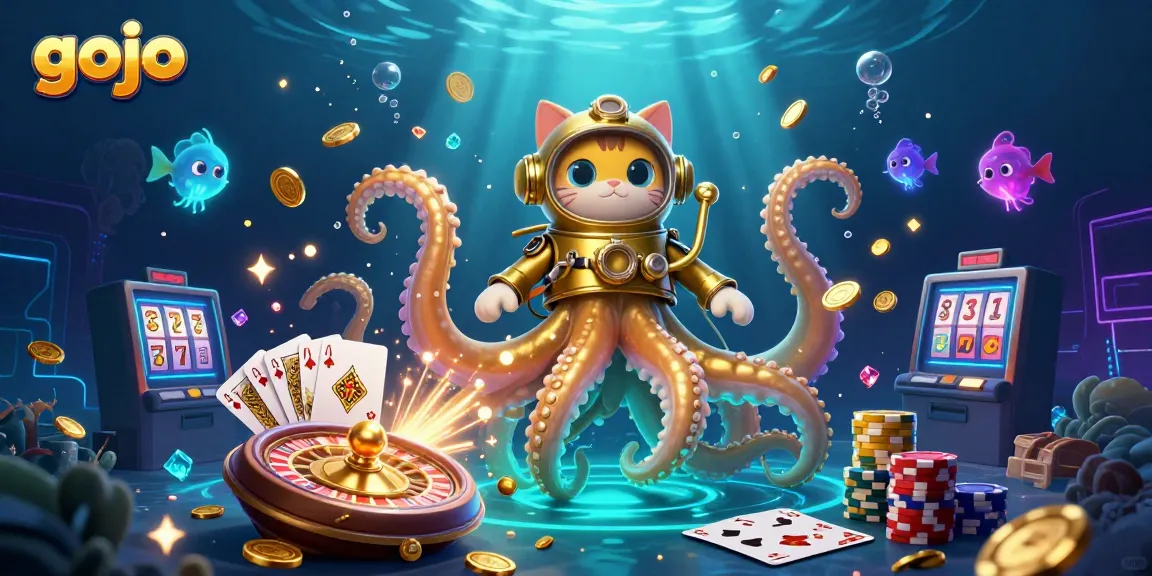 Gojo-inspired scene with a colossal kraken and a diving cat amidst casino elements like golden coins and slot machine reels.