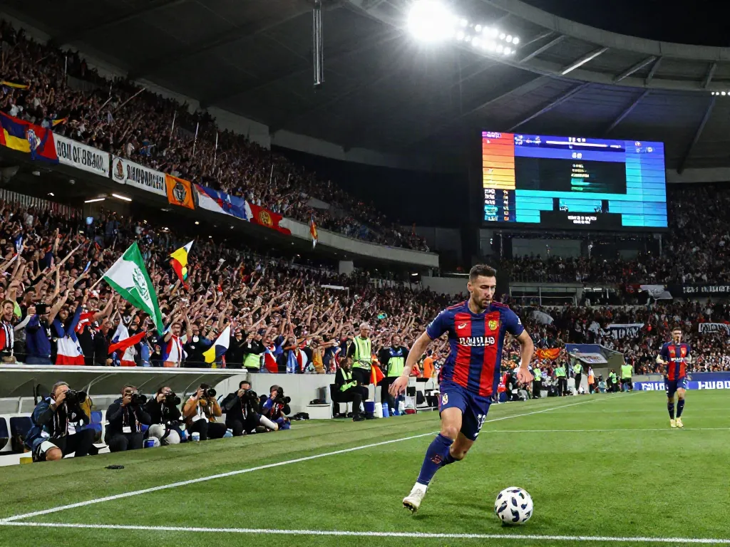 TOP10 นักเตะ showcased in action, dribbling past defenders amid a vibrant stadium atmosphere with cheering fans.
