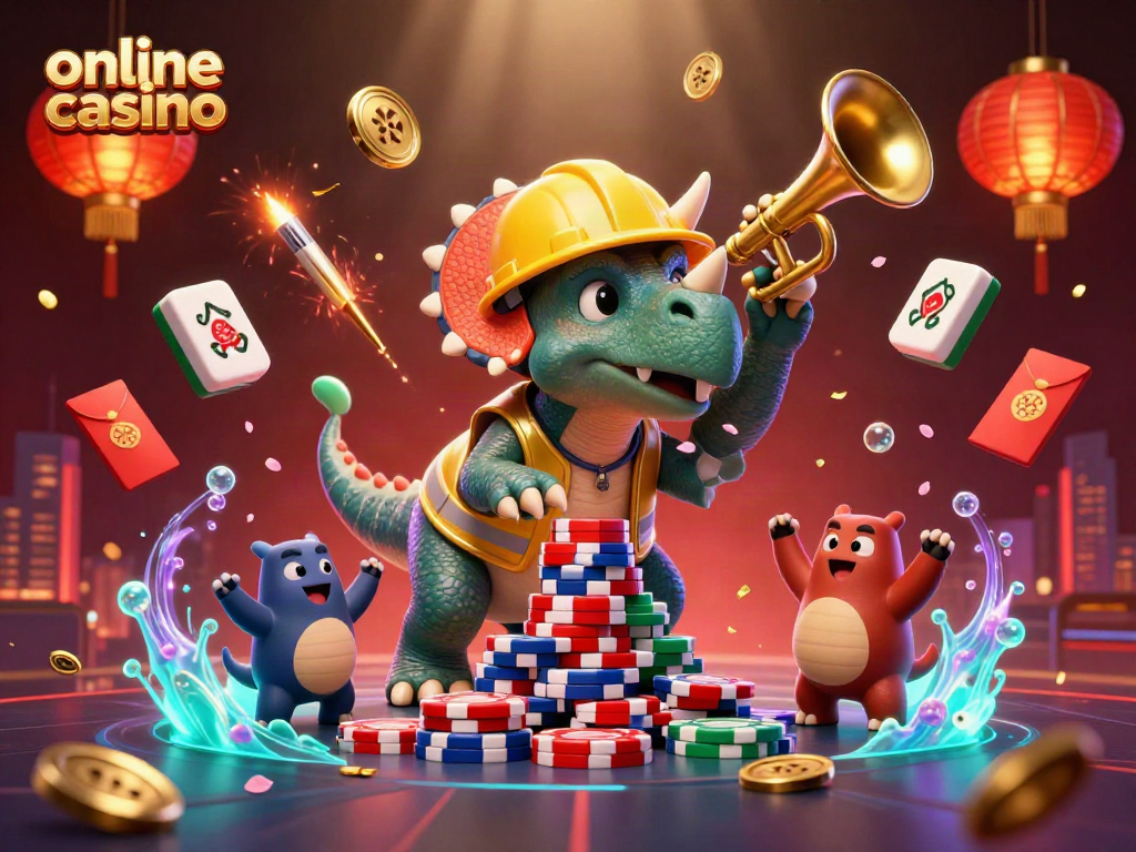 Celebrate with an online casino-themed scene featuring a triceratops and friends stacking poker chips.