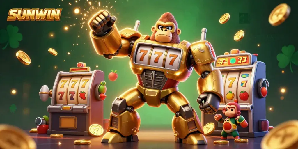 SUNWIN offers an electrifying casino experience with a golden gorilla mech and slot machine elements.