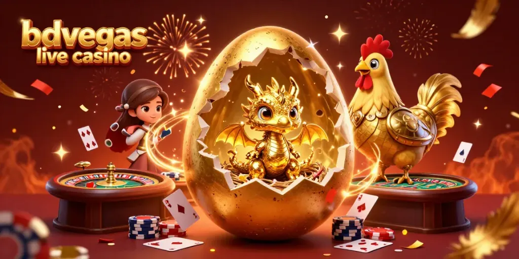 Experience excitement with bdvegas live casino, featuring a baby dragon guarding poker chips amidst vibrant casino elements.