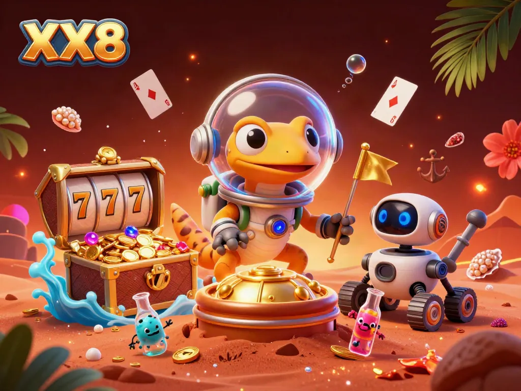 Experience the vibrant world of XX8 with a Martian gecko discovering a buried casino in this dynamic scene.