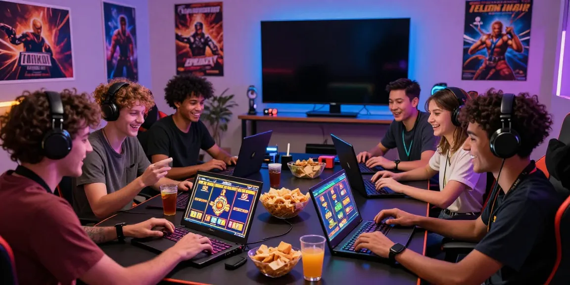 Aktivitas permainan slot online dengan teman-teman di sekitar meja, menonjolkan suasana ceria dan interaksi sosial di oyo288.