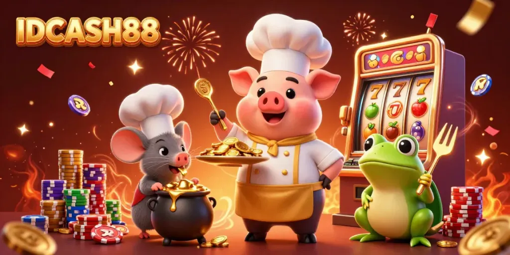 Experience the thrill of IDCASH88 with a vibrant 3D casino scene featuring charming characters.