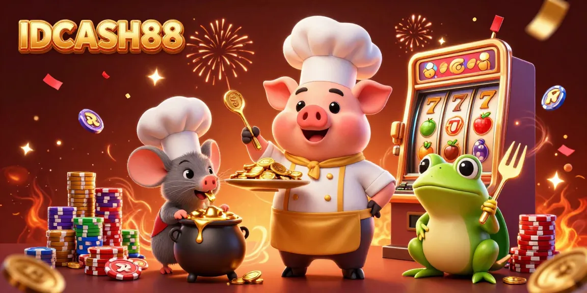 Experience the thrill of IDCASH88 with a vibrant 3D casino scene featuring charming characters.