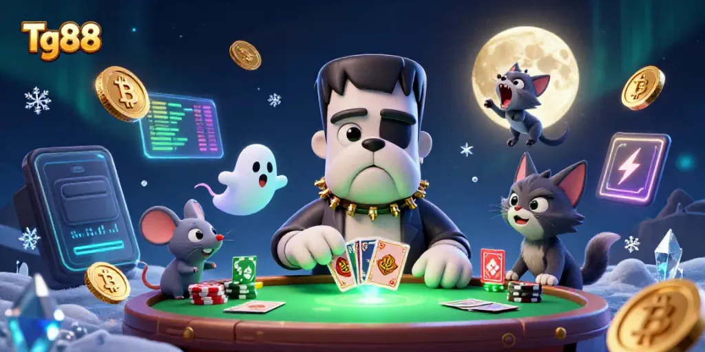 Engage with Tg88's thrilling card games at a cryptic casino table adorned with animated characters.