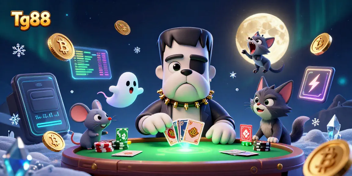 Engage with Tg88's thrilling card games at a cryptic casino table adorned with animated characters.