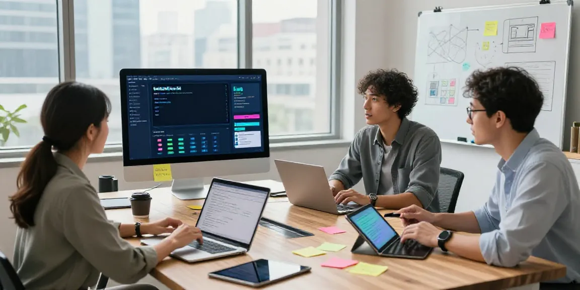 Team collaborating on AI tools for LinkedIn ad copy creation in a modern office.