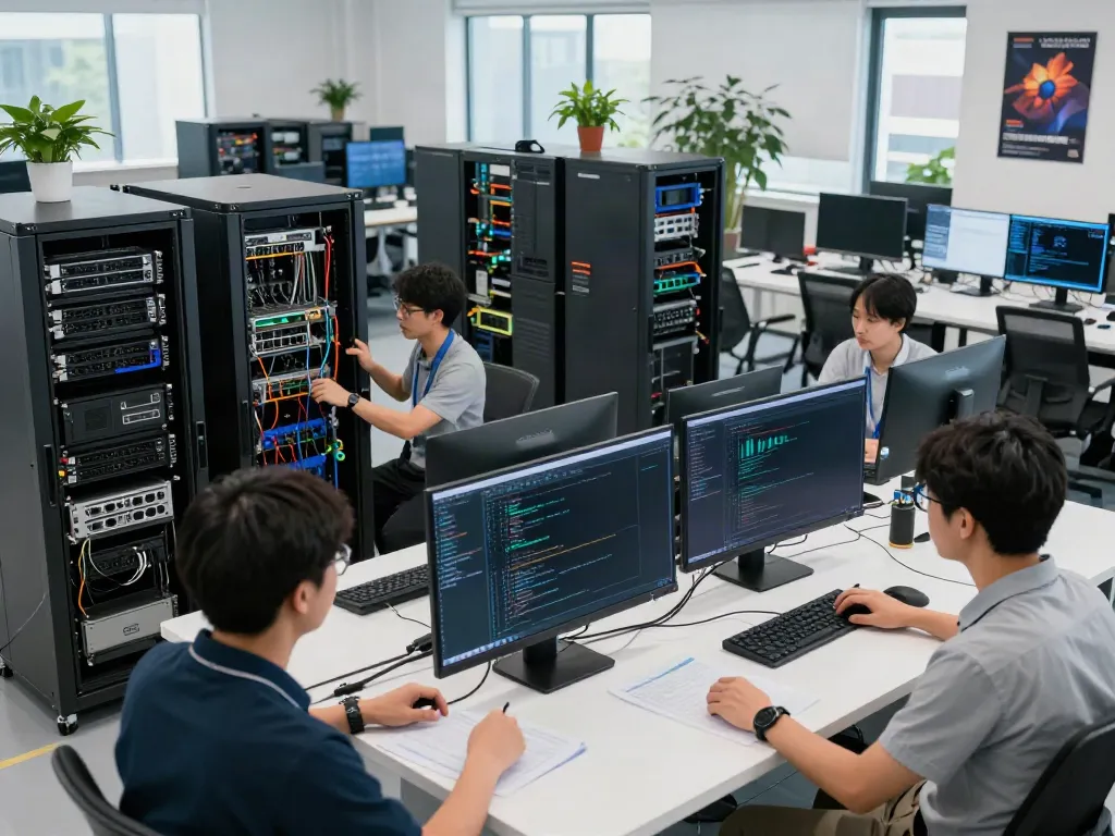Engineers collaborating on AI infrastructure development with GPUs and data displays.