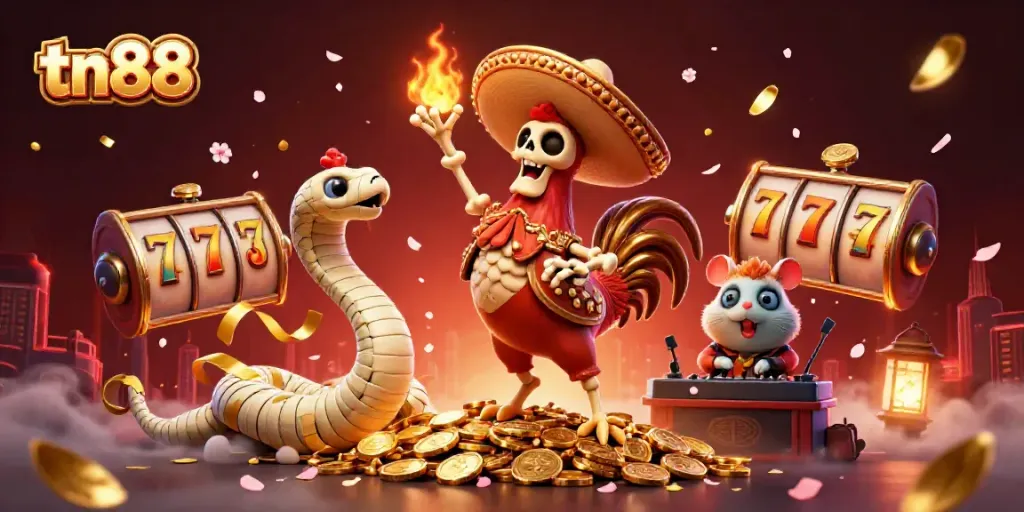 Experience the vibrant energy of tn88 with cartoon characters celebrating on a pile of coins, surrounded by casino-themed elements.