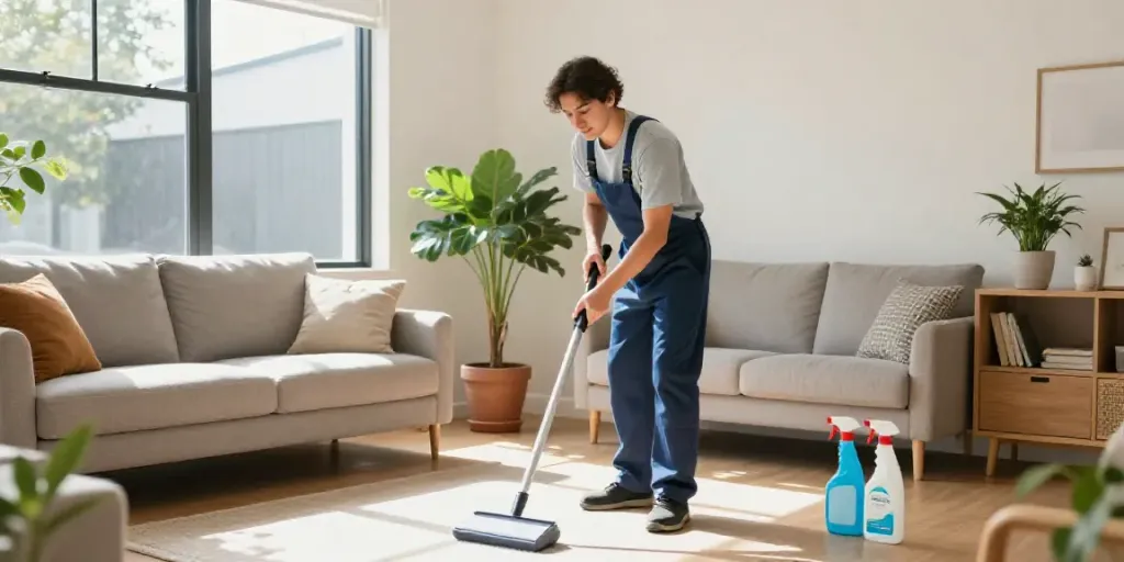 Home cleaning in Melbourne with a professional cleaner dusting a bright living room.