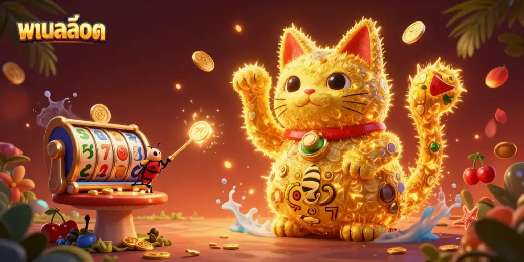 Engage with แบบสล็อต featuring a vibrant lucky cat and casino symbols, creating an enchanting atmosphere.