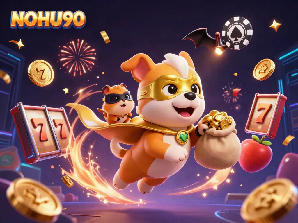 Experience thrilling jackpots with NOHU90's vibrant casino illustration showcasing lucky characters and dynamic game elements.