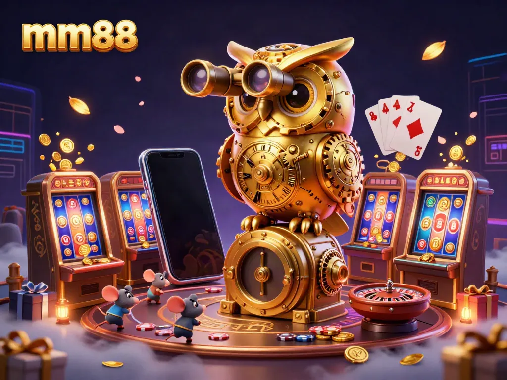 Spin and win with mm88's vibrant casino atmosphere, showcasing dynamic slots and animated characters.