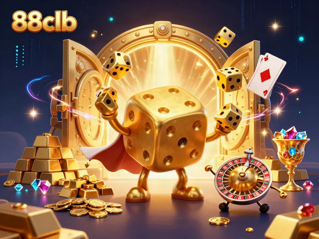 88clb showcases a lively casino scene with a golden dice golem, dynamic game elements, and vibrant treasures.