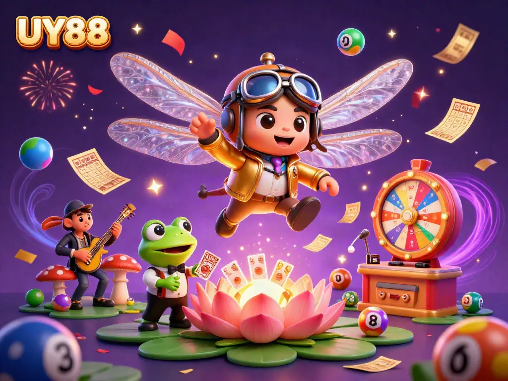 Experience the vibrant world of UY88 online casino with a dragonfly pilot, frog dealer, and colorful lottery elements.