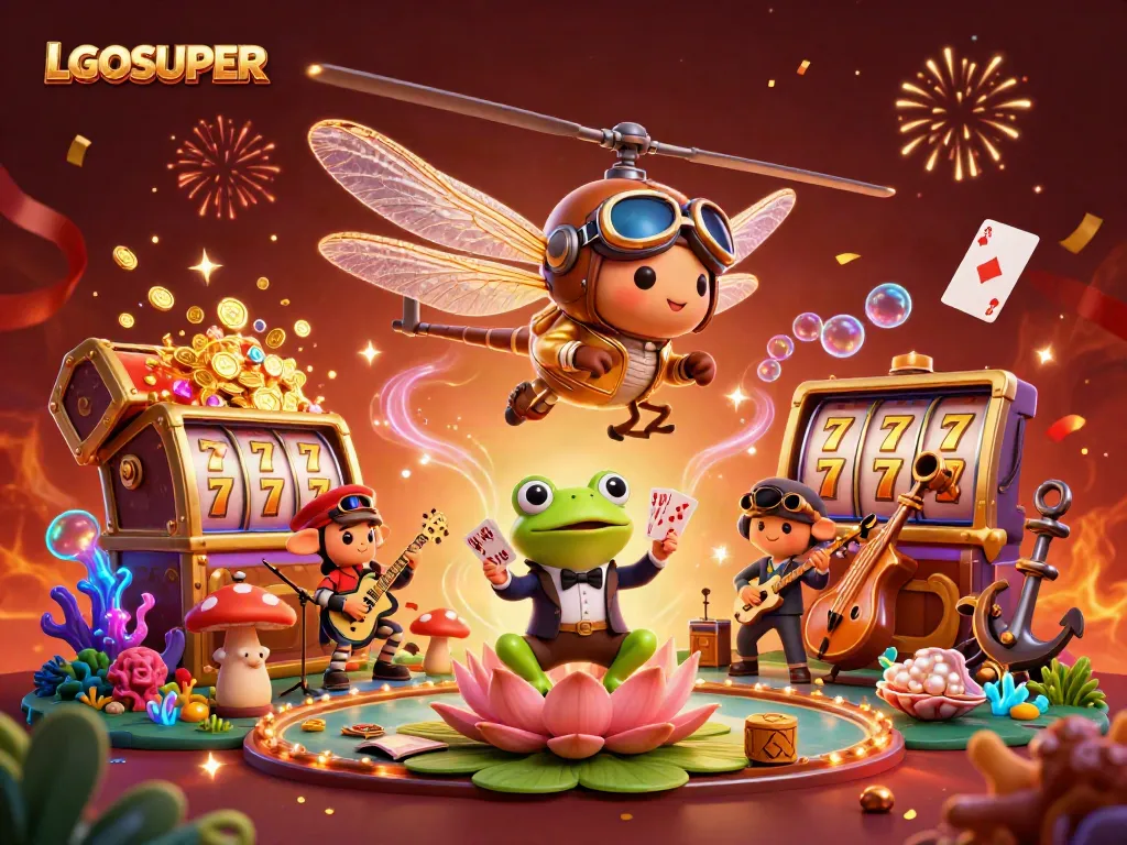 Experience the thrilling LGOSUPER casino adventure with a lively scene of activities, characters, and excitement.