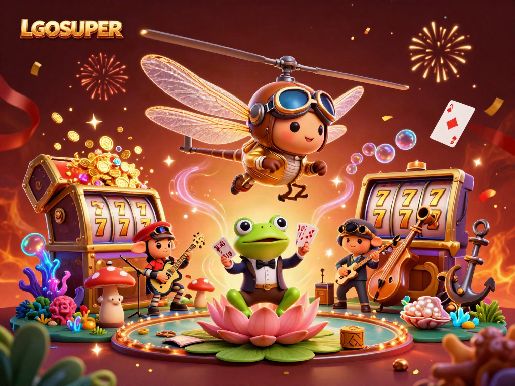 Experience the thrilling LGOSUPER casino adventure with a lively scene of activities, characters, and excitement.