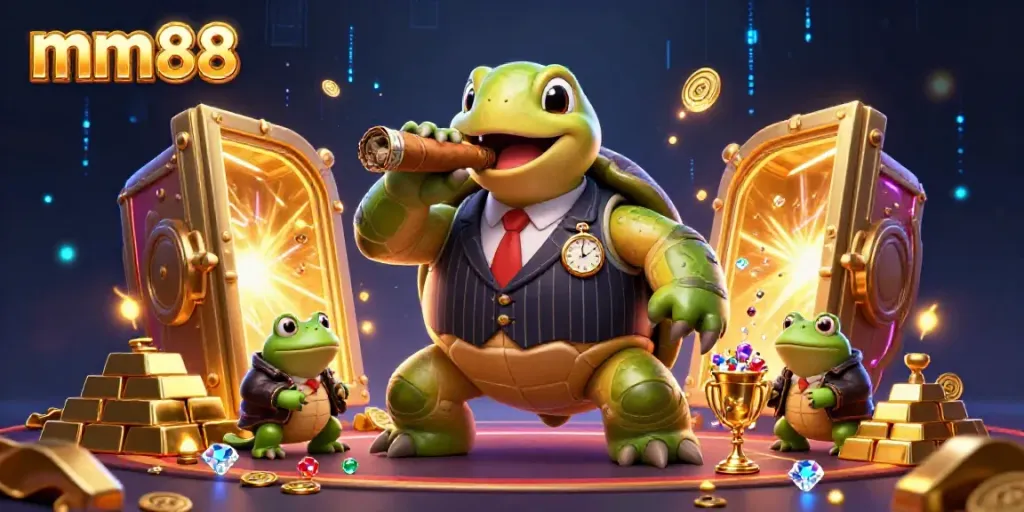 Experience mm88's vibrant casino world with a dynamic 3D illustration of a snapping turtle mobster and bullfrog enforcers.