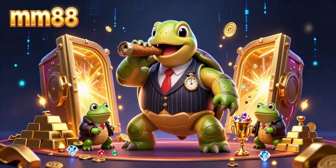 Experience mm88's vibrant casino world with a dynamic 3D illustration of a snapping turtle mobster and bullfrog enforcers.