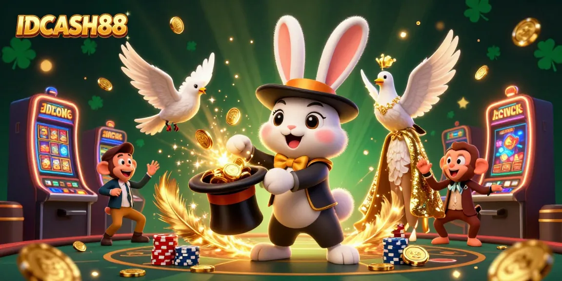 Experience the thrill with IDCASH88 as the magician rabbit conjures golden coins amidst a vibrant casino scene.