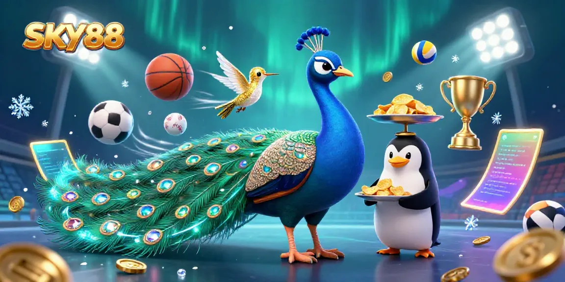 Experience the vibrant entertainment of SKY88 with a colorful scene of gambling characters and sports elements