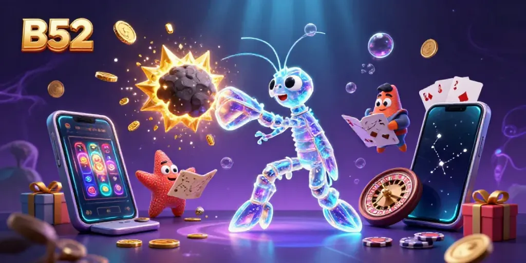 Engage with B52 features in a vibrant casino scene, showcasing slot games and casino elements.