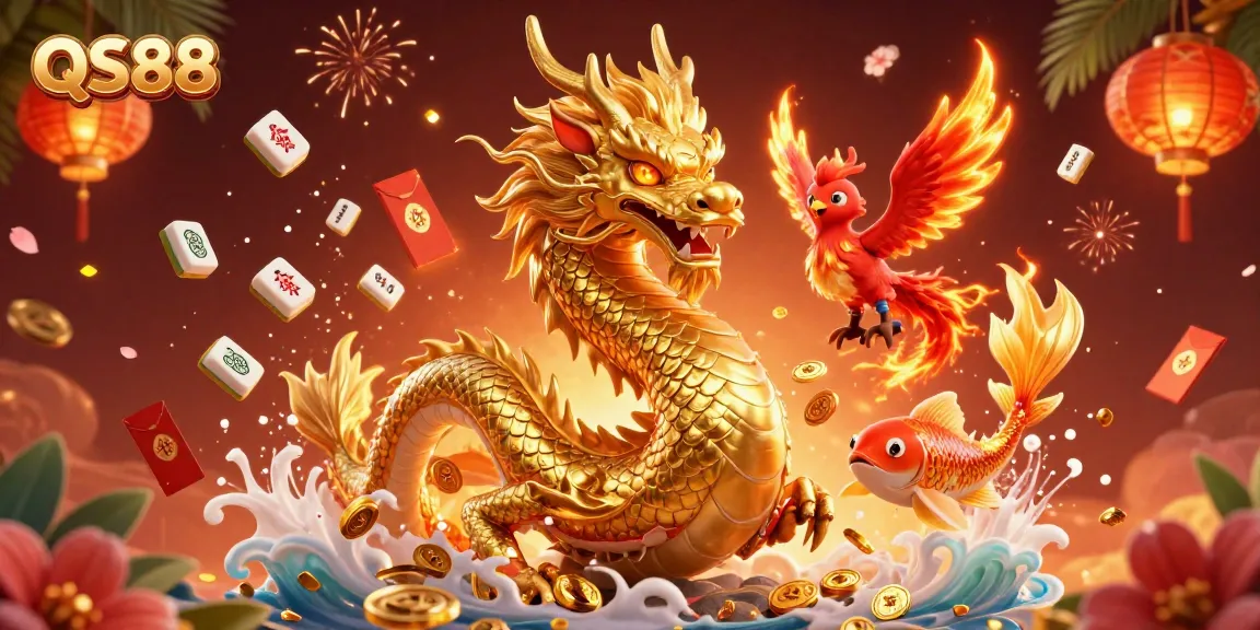 Experience thrilling gameplay with QS88 featuring a majestic dragon, phoenix, and koi fish in a vibrant casino environment.
