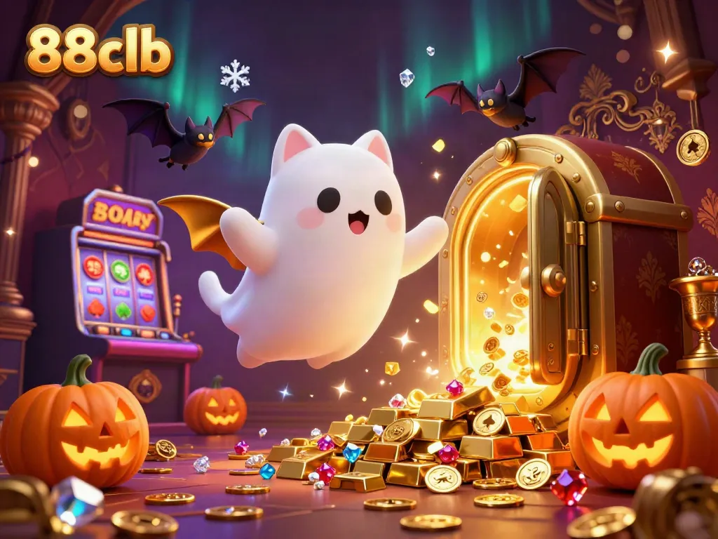 Join the playful ghost cat and bat in a vibrant 88clb casino as they explore gold treasures.