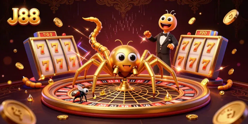 Engage in high-stakes fun with J88 in a dynamic casino scene featuring vibrant characters and game elements.