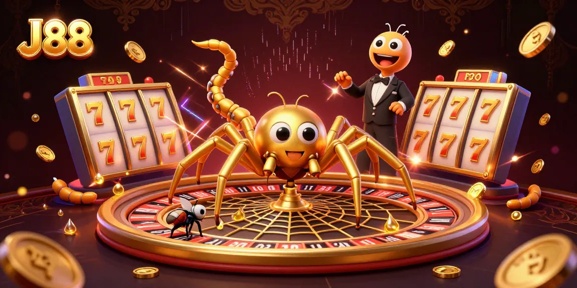 Engage in high-stakes fun with J88 in a dynamic casino scene featuring vibrant characters and game elements.