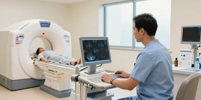 Professioneller Radiologe im Diagnostikzentrum Wolfsburg, der hochauflösende Scans auf einem digitalen Display überprüft.
