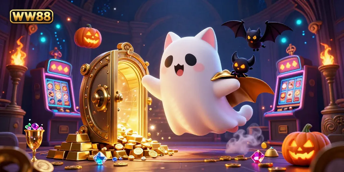 Play WW88 games with engaging ghost cat and bat in a vibrant haunted casino.