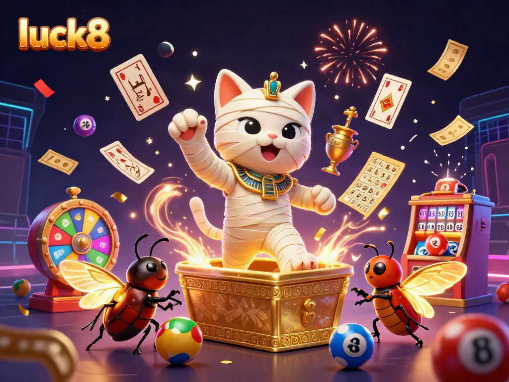 Spin and win with luck8, featuring a vibrant Egyptian-themed 3D casino scene bursting with excitement.