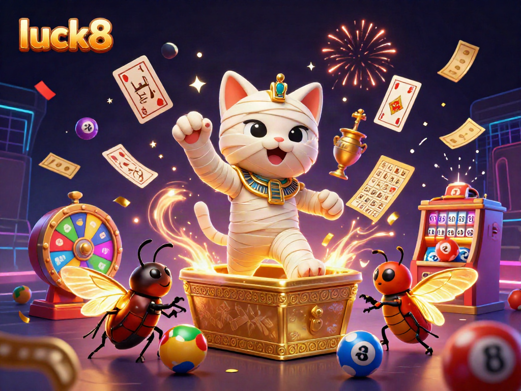 Spin and win with luck8, featuring a vibrant Egyptian-themed 3D casino scene bursting with excitement.