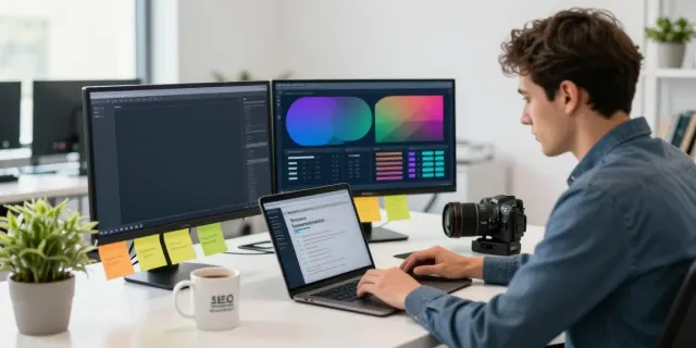 Strategist analyzing SEO metrics focused on blog comment backlinks in a professional workspace