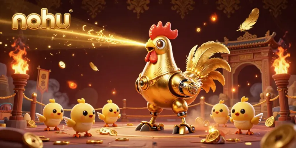 Nohu-themed casino illustration with a golden rooster robot, vibrant gaming elements, and dynamic atmosphere.